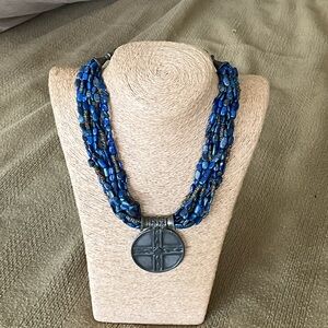 Blue Multi-Strand Necklace with Silver Pendant lapis lazuli